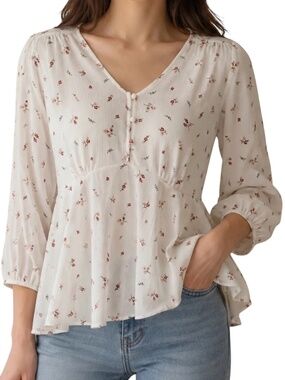 Zenobia Floral Babydoll Boho Peplum Top Womens Plus Size 1X Ivory Cottagecore